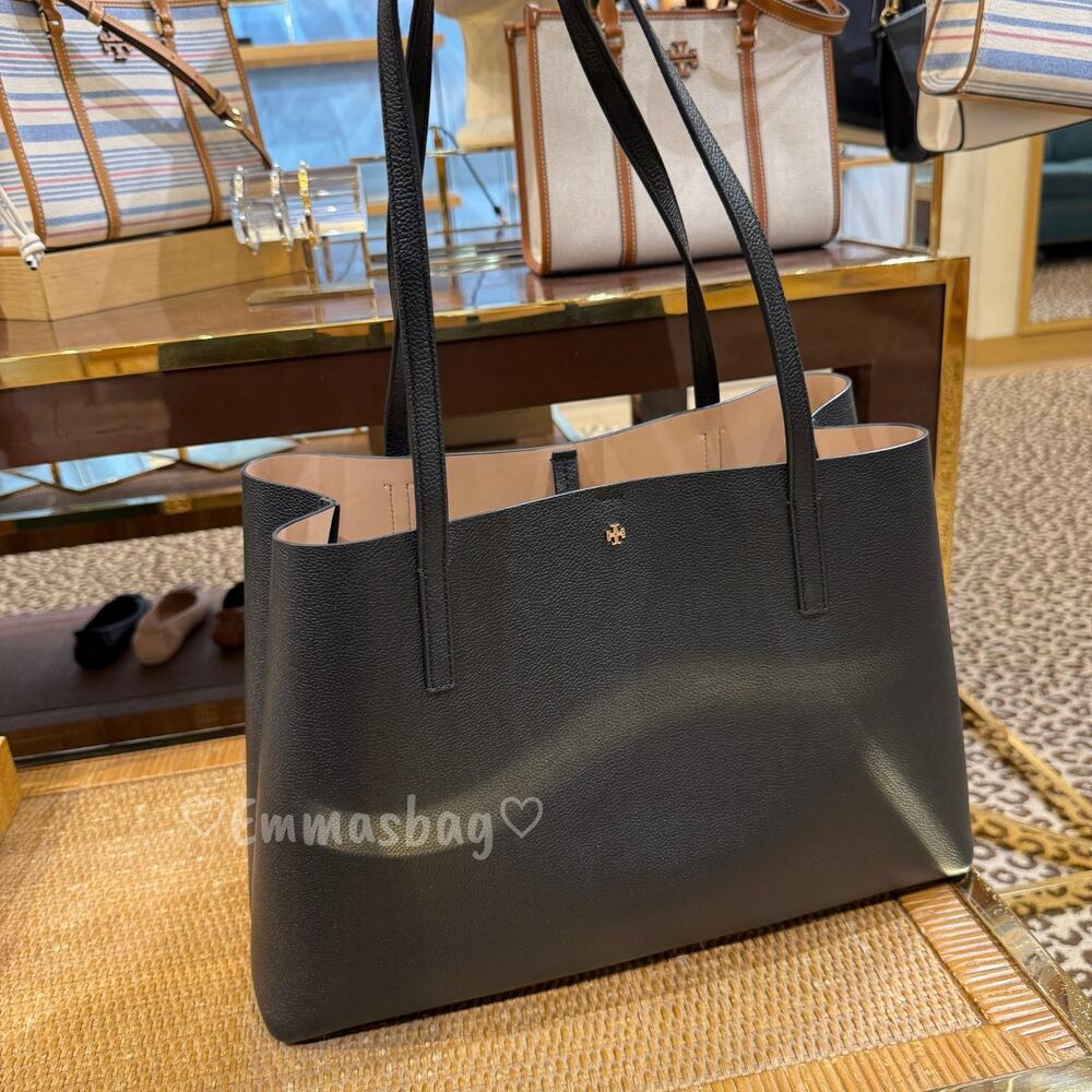 Tory Burch Blake Tote Pebbled leather 177332 BLACK / Devon Sand $395 - Picture 2 of 9